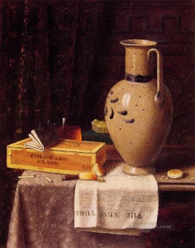 Naturaleza muerta clásica Painting - Cigar Box Pitcher y New York Herald William Harnett bodegón
